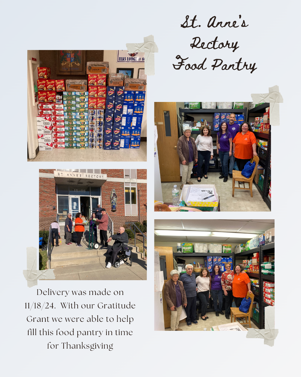 Using part of our Gratitude Grant to fill the food pantry at St. Anne's Rectory before Thanksgiving on 11/8/24