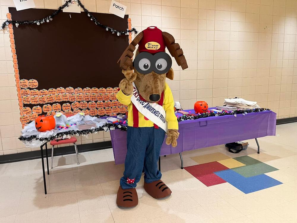 Elroy the Elk at Irondale Community School's Boo Fest handing out treats and Elks DAP material to students.