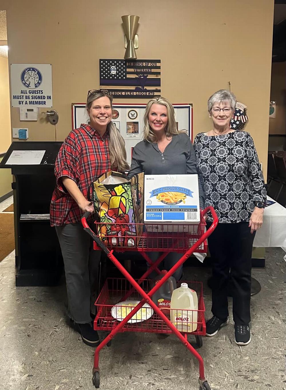 Pictured left to right - Mickey Drinkard, PDDGER, PER, Secretary, Heidi Marimberga, Founder of Heidi's Kids, and Connie Statham, Lecturing Knight.  Lodge members helped Heidi provide a wonderful Thanksgiving dinner to a family in need.