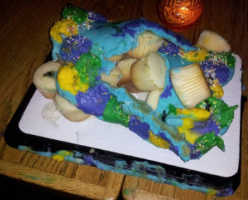 Celeste's cake post belly flop onto the floor!