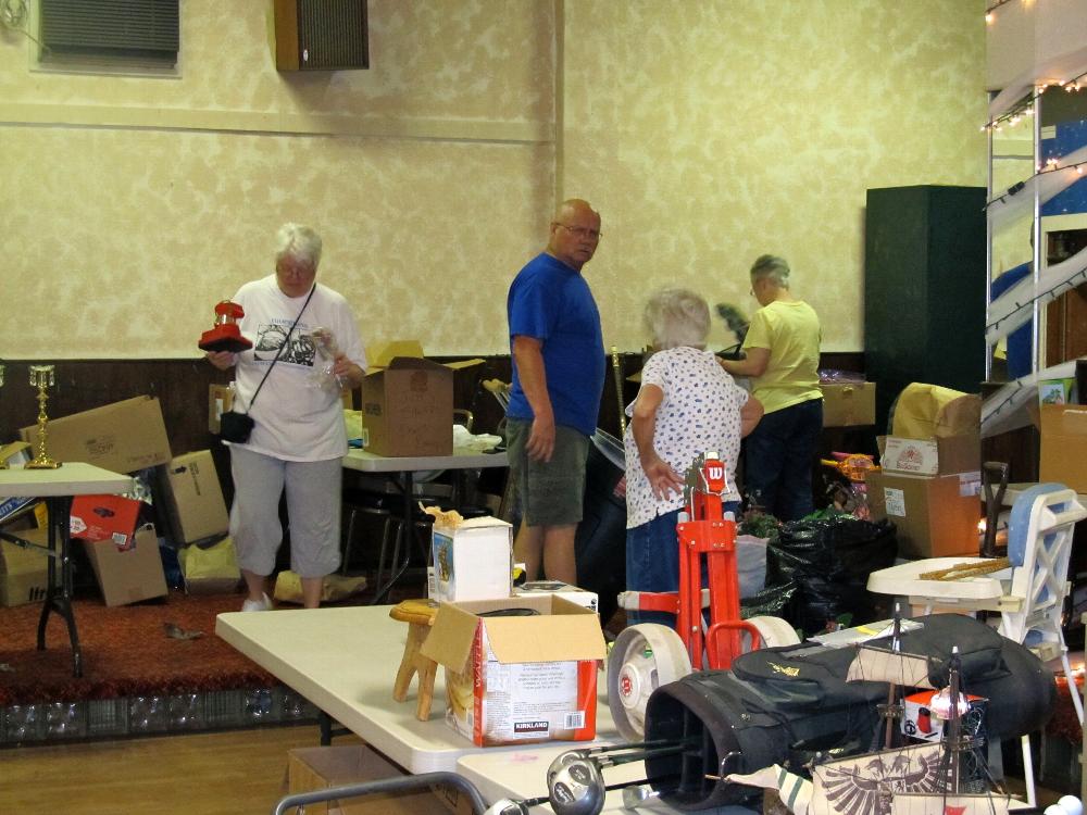 Setting up for Elkette rummage sale
