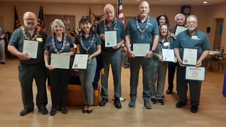 On March 11, 2025, Lodge officers and members receiving awards and Grand Lodge Certificates. 

Photo #1 
L-R:
ER Richard Bernard, Grand Lodge Special Citation, Making a difference-2024-2025
Betty Craven, Certificate of Recognition for years of service as Inner Guard 
Martha Megerle, Tucson Lodge #385 Officer of the Year 2024-2025
Wayne Burns, Grand Lodge Outstanding Service Commendation-2024-2025
Michael Lessely, Certificate of Recognition for years of service as Loyal Knight
Trudi Sofias, Grand Lodge Outstanding Service Commendation-2024-2025
John Sofias, Lodge Elk of the Year 2024-2025
Back row:
Marisa Michaels, Grand Lodge Recognition for Membership Recruitment-2024-2025
Wayne Thompson: Distinguished Citizen Award 2024-2025

Tucson Lodge #385 also received a Grand Lodge "Making a Difference Special Citation. 2024-2025