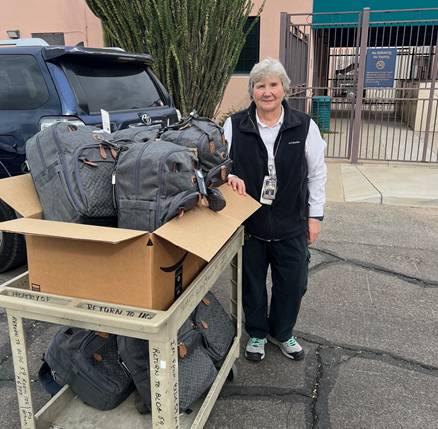 On November 18th, 2025 Tucson AZ Lodge #385  Treasurer/PER Diane Gnuschke,  dropped off a  donation of ten baby gift bags stuffed with baby care items and handmade receiving blankets and bibs for expecting Southern AZ Health Care System,  at the U.S. Department of Veterans Affairs.  