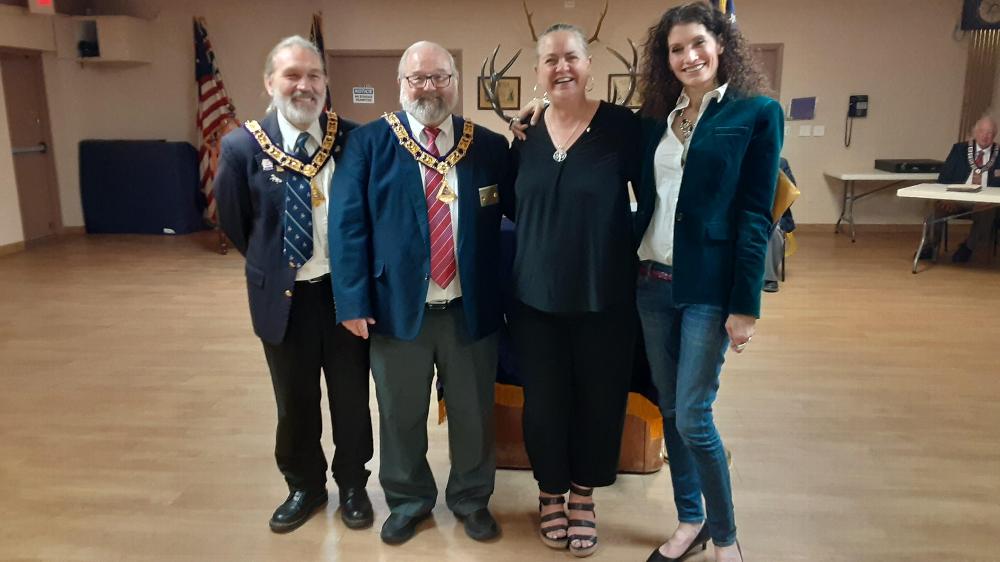 On November 12, 2024, Tucson Elks Lodge #385 newest member:  L-R:  AZ South DDGER B. Carlile, ER R. Bernard, new member C. Jennings, proposer M. Michaels