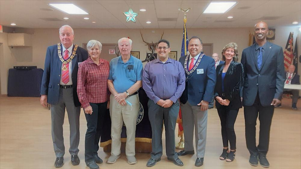 Initiation 3 new members: L-R, ER W.Burns, new member,D. Dickerson, proposer B. Holyoak, new member Sami Hamed, proposer, J. Lugo, proposer, J. Starbuck, new member R. Curtis.  April 27,2021