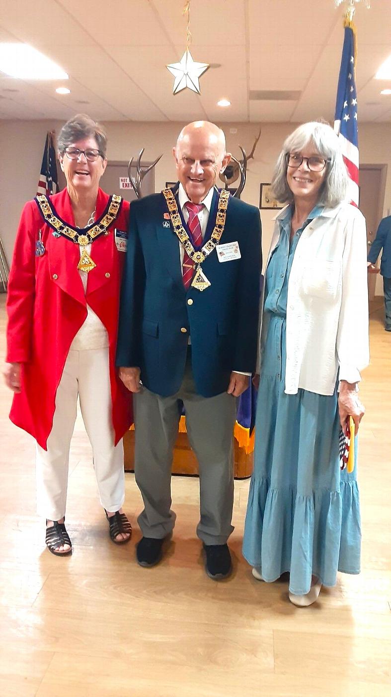 September 9th, 2025 Tucson AZ Elks Lodge #385 newest member Cathy Robinson pictured L-R:  DDGER South Alane Asp, ER Bob Crawford and Ms. Robinson . 