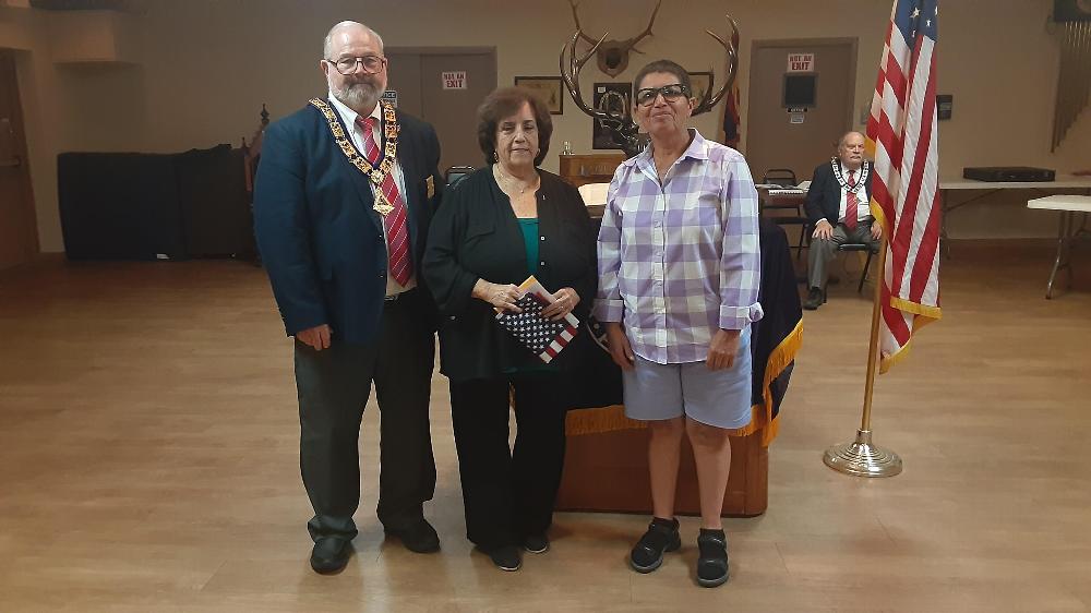 May 28, 2024, Tucson AZ Elks Lodge #385 newest member.  L-R: ER Richard Bernard, new member Arlene Laguna, proposer PER Matilda Lopez.