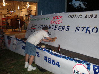 Members working on the Bushwhacker Days Float.
Getting dark out!