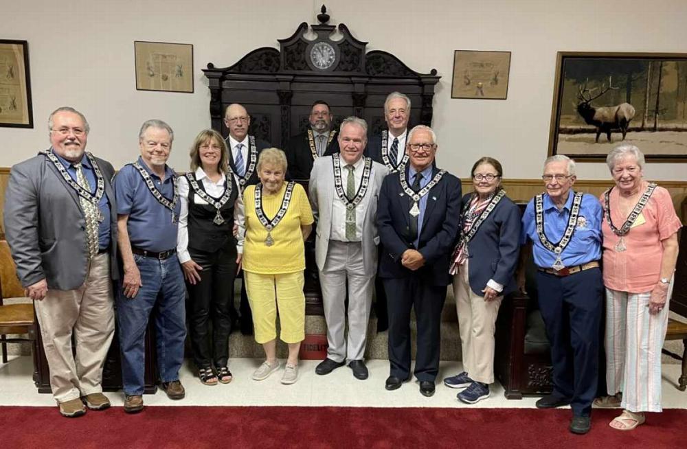 New Officers for 2025 installed: E.R. Ray Devine (center, back row); Leading Knight Michael Gerlach (left, rear row); Secretary Richard Magda (right, rear row); (front row from left) Treasurer Charlie Jump; Esquire Donald Robertson; Loyal Knight Claudia Dion; Trustee Carol Zink; Lecturing Knight Robert Coates; Chaplin James Wellspeak; Trustee Marylin West; Tiler Shawn Dougherty; Trustee Barbara Mushet. not available for picture: Organist Sandra Tabak and Inner Guard Donald McCurdy