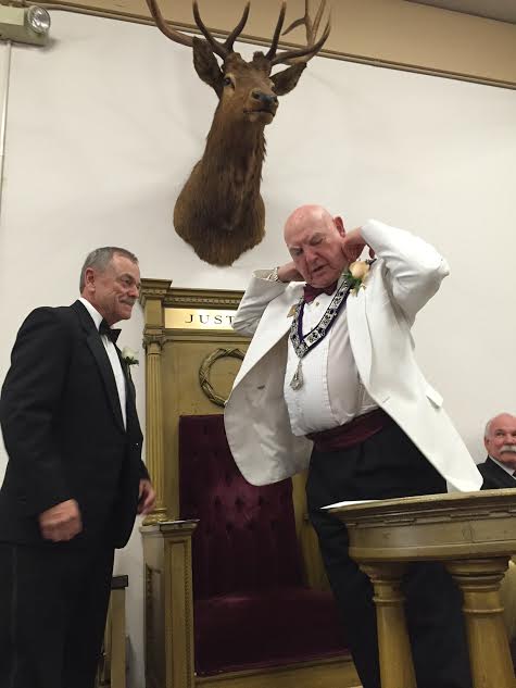 Grand Loyal Knight Les Yeffa (PDDGER) bestowing ceremonial jewels on incoming Loyal Knight Michael Szeles. - April 2016