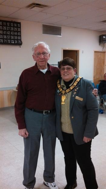 Norman Dionne, our longest Elk member, at Old Timers Night (66 year member) with Sandy Shene, PER, PDD.