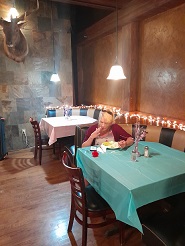 Yep!  Brenda, our bartender, relaxing on Mother's Day.