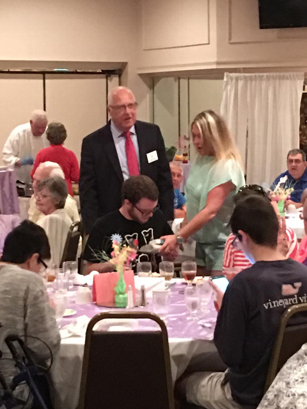 Exalted Ruler Jim Forgey welcoming and thanking visitors at 2017 Easter Brunch