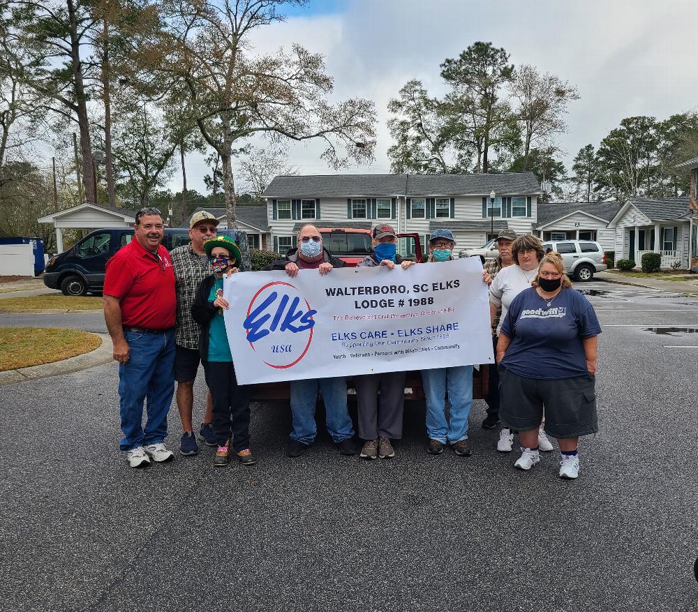 Another beautiful day at the Walterboro Elks Lodge. We took 35 care boxes to our Special Needs Adults. They were happy about getting boxes.
I want to thank Ernest Enfinger and Paul Turner for helping this morning.

 I want to thank Denise-Godley Givens for getting the Beacon Grant approved. I also want to thank her 4 sons for all their hard work getting the boxes ready.

We are doing great things at the Lodge.

God Bless

Angus
ER