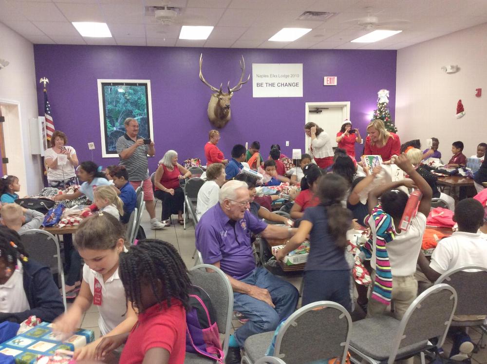 The Christmas party, Dec. 14, 2015, for the children of the Manatee Elementary School of Naples was held at the Lodge. It was a great event full of excitement.  There was lots of food, gifts and toys for the children.   Santa made an appearance and gave candy to the children. It was an Elks event with many great volunteers that made it all possible!  Thanks to everyone who helped.