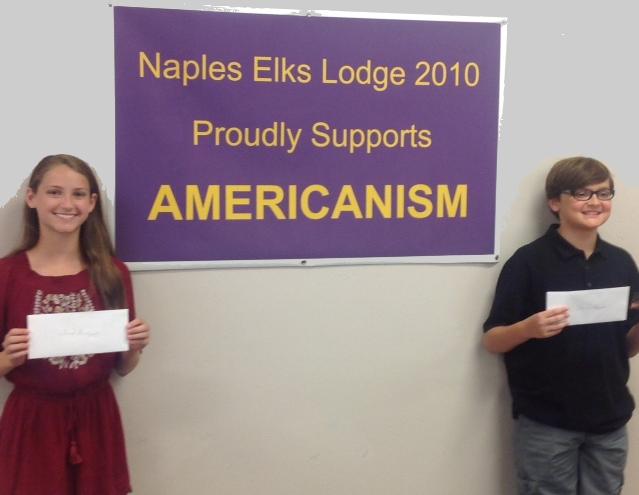 Tarah Gantzertb from Gulf Coast Charter Academy with her check of $750.00 and
Thomas Kralik from St. Ann's Catholic School with his check of $500.00
as State Essay Winner from Florida Elks.
