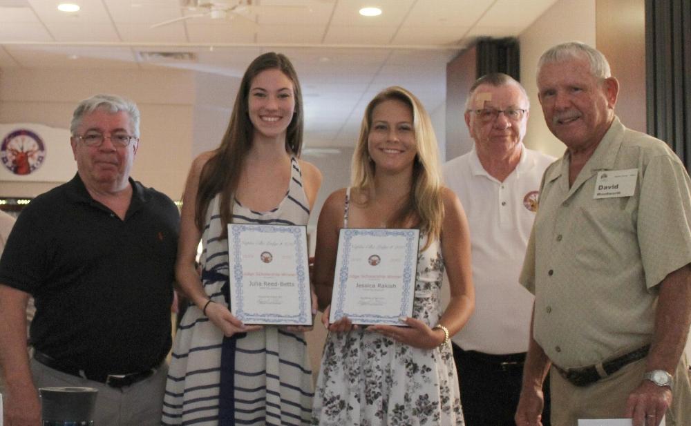 Naples Elks Lodge highest scorers for MVS were tied so the Scholarship Winner's each will receive a $1,000 renewable scholarship for four year.  Pictured above Joseph Romano (Scholarship Committee Member), Julia Reed-Betts (Scholarship Winner), Jessica Rakich (Scholarship Winner), Raymond Honan ER, and David Woodworth (Scholarship Chairman).
Photo: Mrs. Rakich