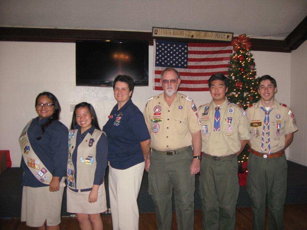 L to R: Gold Star Girl Scouts Janice & Natalie, Girl Scout Leader Denise; Boy Scout Leader Bruce, Eagle Scouts Christian & Thomas
