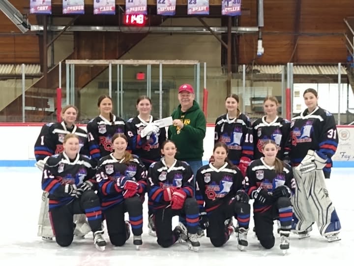 River Queens Donation - Potsdam Elks Lodge #2074 provided the River Queens U14 Girls Hockey Team with a $600 donation. The River Queens recently took State Championship honors and are advancing to the National Tournament in Coral Springs, from April 2-6, 2025. The donation, as well as the donations received from other community businesses and individuals, will assist the River Queens with travel expenses. In addition to this donation, Potsdam Lodge provided a $400 donation that assisted with travel expenses to the NYS Tournament. Lodge Community Activities Chair Tim Welpe is pictured presenting the donation on behalf of the Potsdam Lodge to River Queens Captain Sophia Currier. Also pictured are team players Emii Colby, Kennedy Cotterman, Luciana Frego, Delia Gaurin, Makenna Helmer, Jordyn Scott, Mary Sergio, Audrey Sheldon and Harper Strack. Missing from photo are Bailey Aldridge, Madelyn Binion and Emily McCarthy. Any business or individual who would like to support the River Queens with a donation may contact Ally Mclean at awmclean9917@gmail.com or visit the River Queens information/donation page at https://www.massenamonorhockey.com/news/girls-tier-ii-nysha-champions/19323