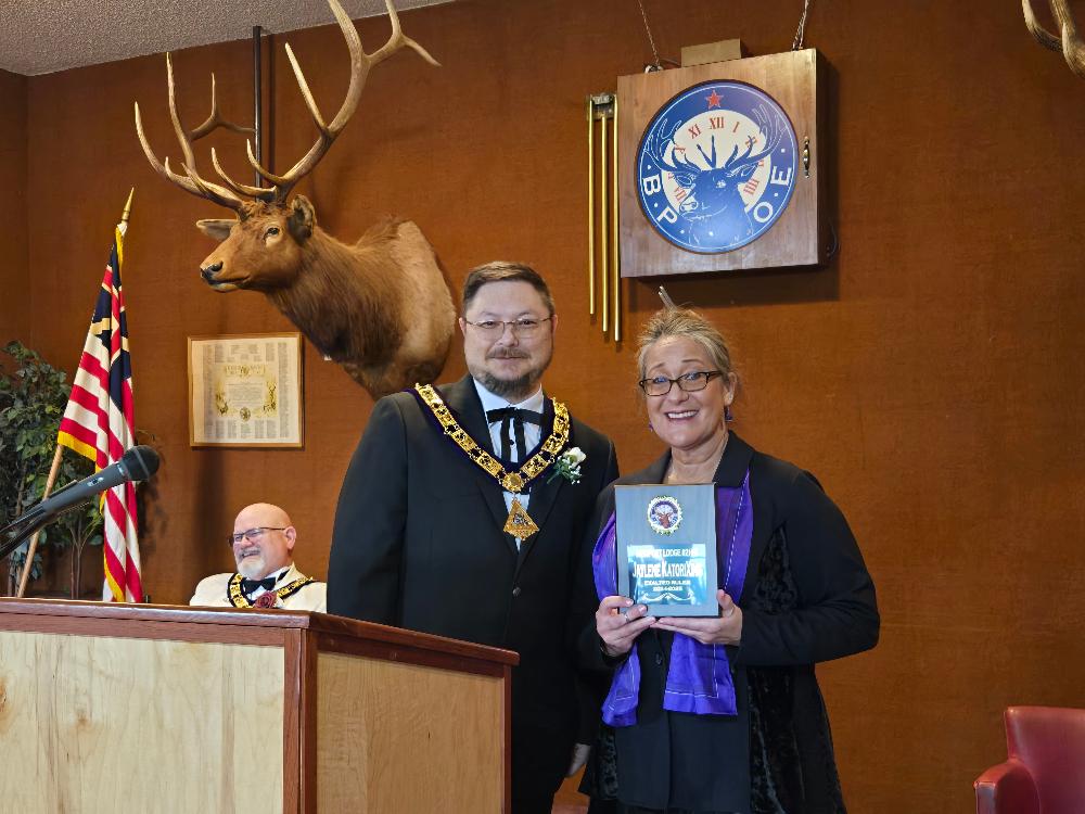 Exalted Ruler Chris Beck expressed the lodge's gratitude to Past Exalted Ruler Jaylene Katori-Xing for her leadership in the previous year.