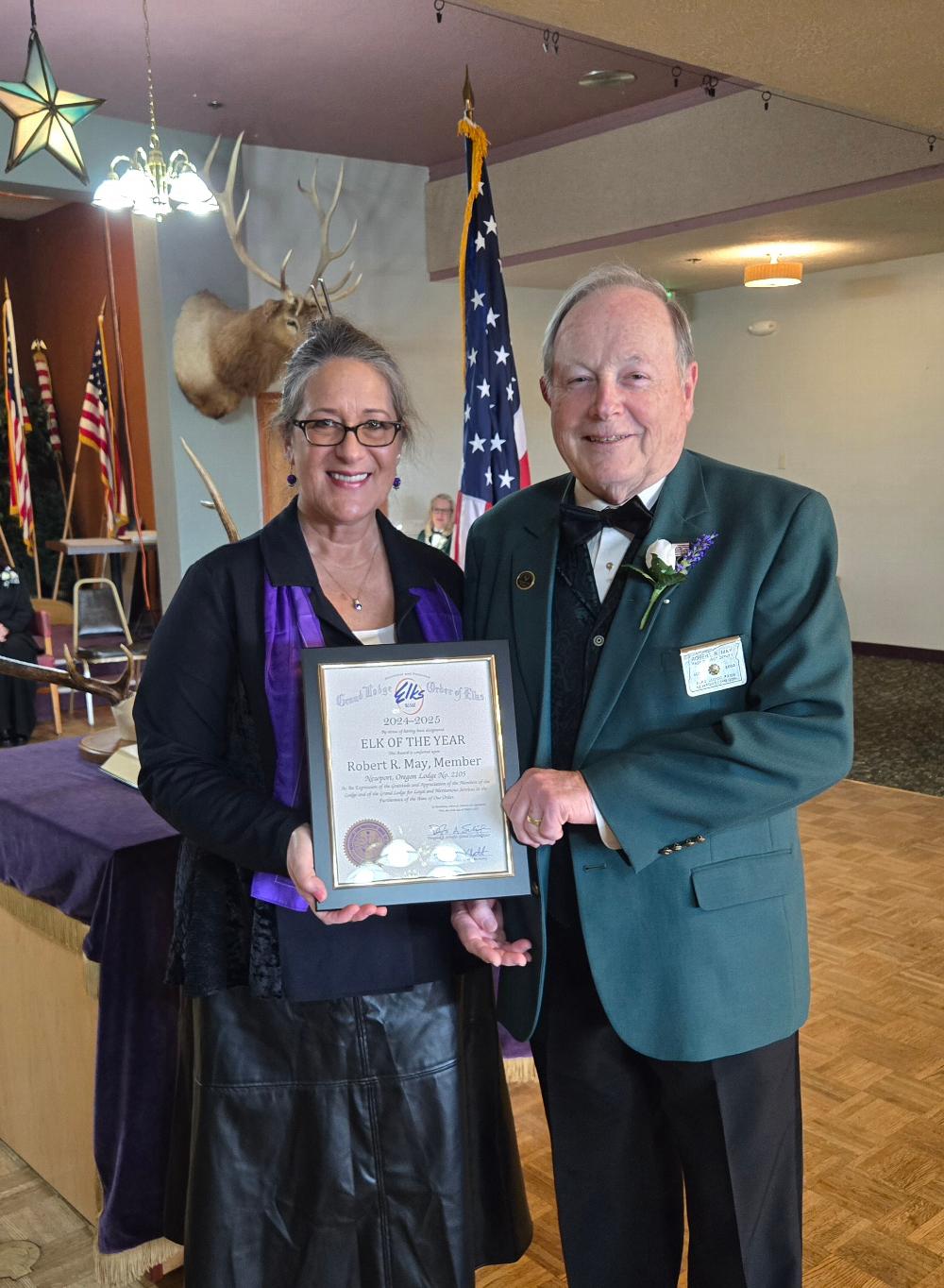 Past Exalted Ruler Jaylene Katori-Xing recognized Past Exalted Ruler Bob May as Elk of the Year.