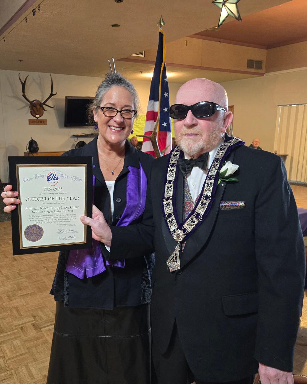 Past Exalted Ruler Jaylene Katori-Xing recognized Inner Guard Norm Jones as Officer of the Year