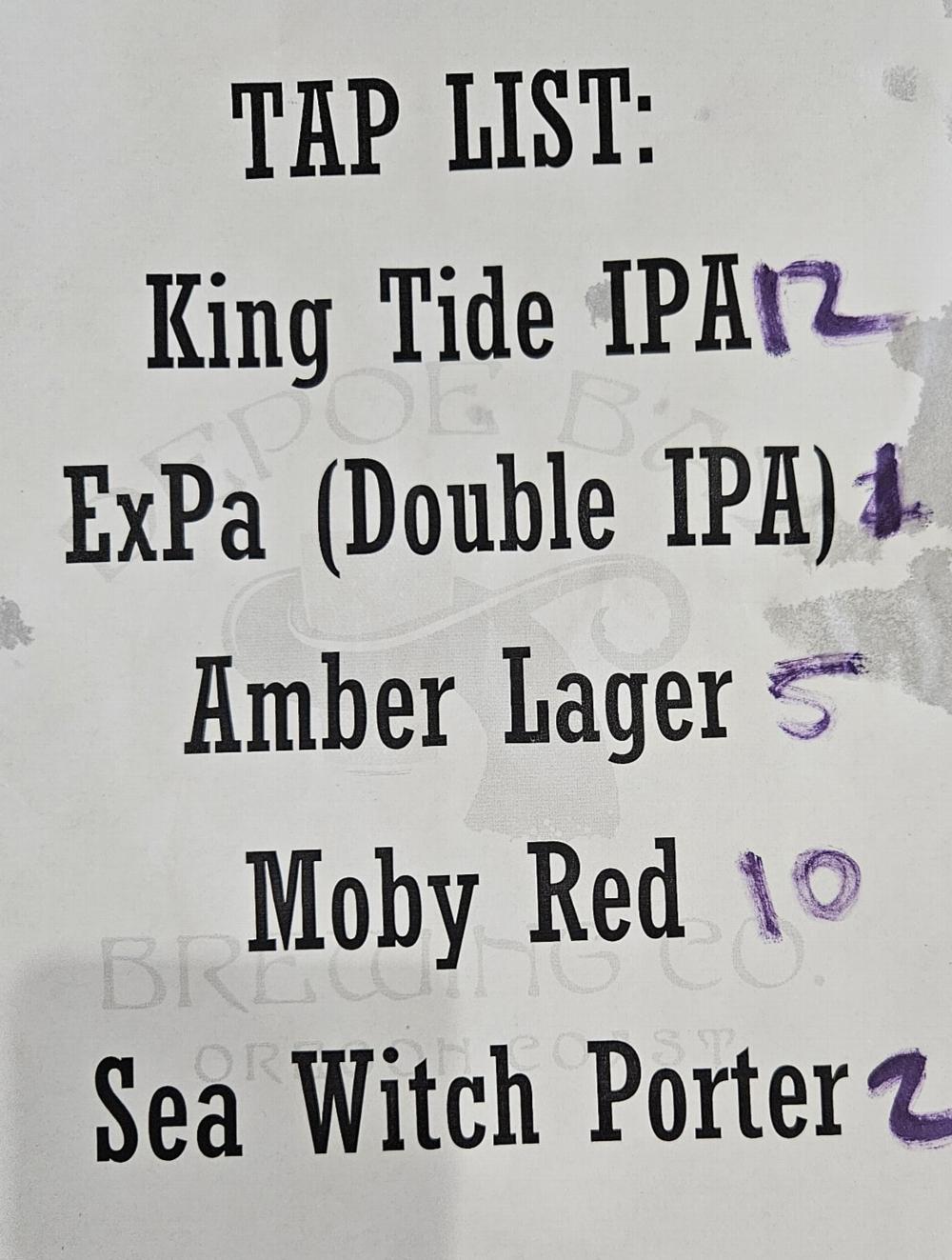 PHOTO FINISH! The results are in:
King Tide IPA: 12
Moby Red: 10
Amber Lager: 5
Sea Witch Porter: 2
ExPa: 1
