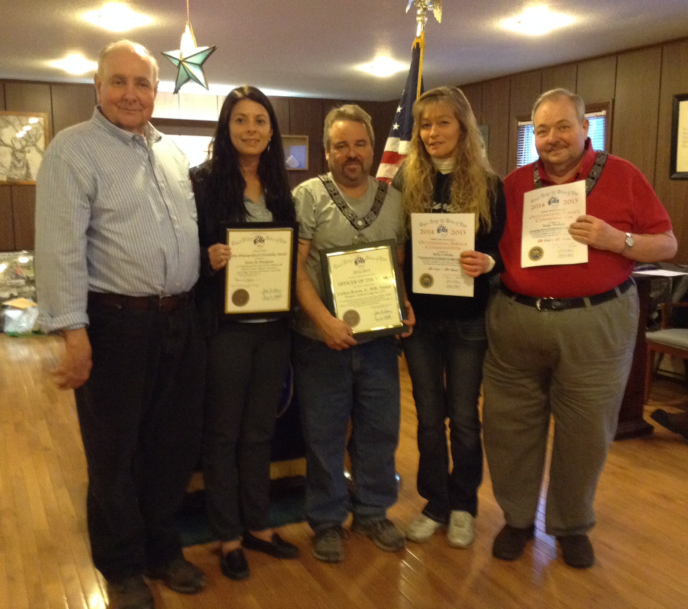 Picture-left to right: Thomas Maloney, ER, Jessie Davignon, Carlton Bowen, Jr., Sally Loboda, Serge Vachon, missing from photo Peter Gilligan and Frances Dewing.

FISCAL YEAR END AWARDS

 

Thomas Maloney, Exalted Ruler 2014-2015 gave out his end of the fiscal year awards at the regular Lodge meeting on March 25, 2015.

PETER GILLIGAN-“Elk of the Year” for all the work he has done for different programs for the Lodge, CARLTON BOWEN, JR-“Officer of the Year” for doing outstanding work especially Pub Night which raises funds for Silver Towers, JESSIE DAVIGNON-“Citizen of the Year” for her work on the Scavenger Hunt which raises money for people in the community that have cancer. SERGE VACHON AND SALLY LOBODA received “Outstanding Service Special Commendation Awards” for all the work they do keeping the Lodge functioning. FRANCES DEWING received a plaque for all she does for the Lodge. The Lodge also received an “Making a Difference Citation Award” for completing all the Grand Lodge programs.
