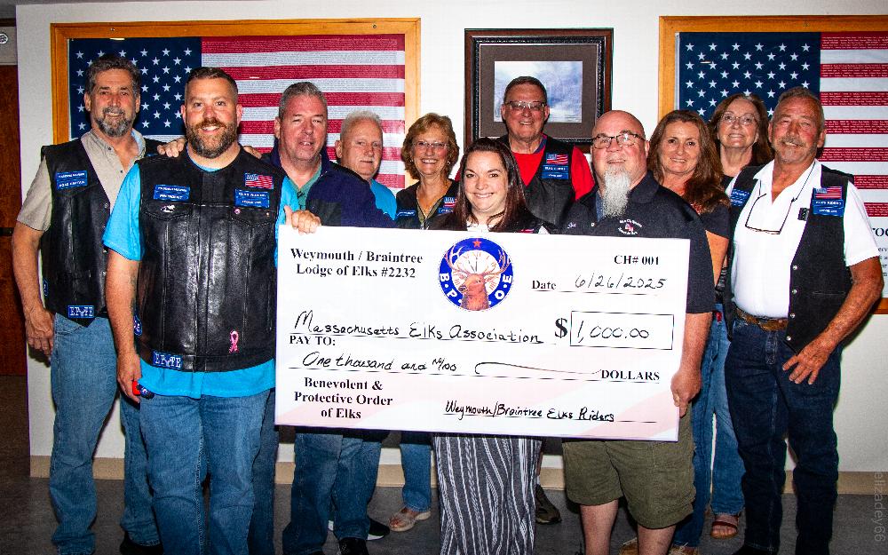 Weymouth Braintree Elk Riders Donated Money raised from raffles sold at their Patch In Ceremony . May 2025 to the Massachusetts Elks Veterans Motorcycle Run Held 8.24.25