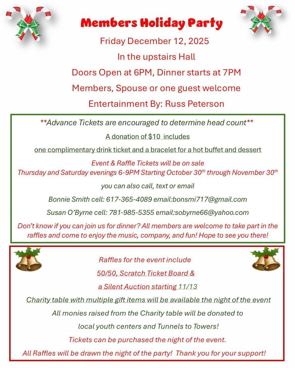 Flyer for  this years Members Holiday  Party  in the Upstairs Hall !You don't want to miss this event !
Tickets go on sale 10.30.25. for Food and complimentary drink,  If you dont want to eat ? Come and Join the fun!