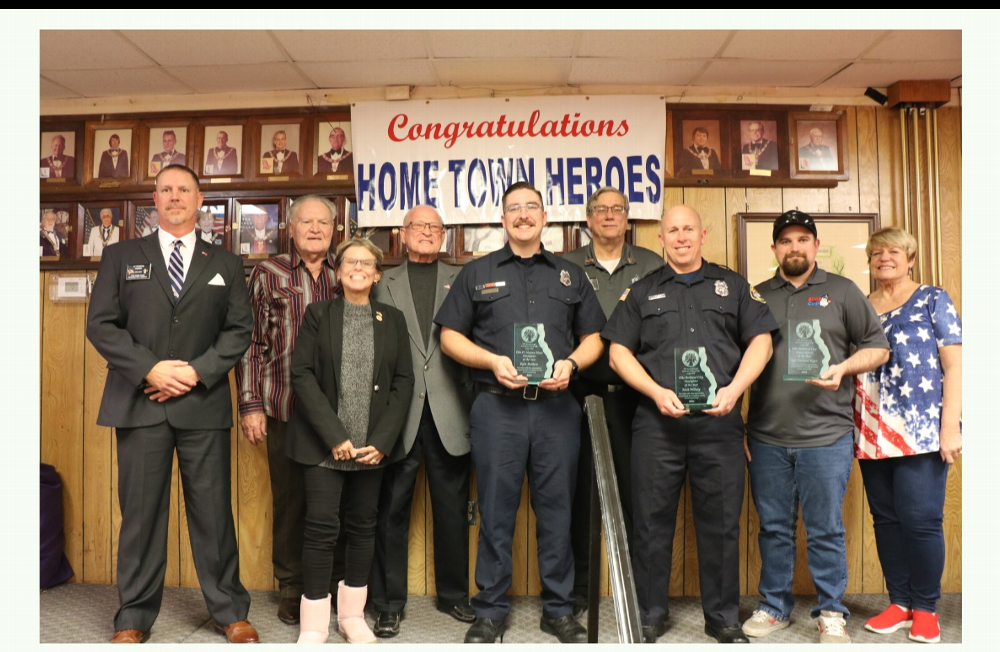 Hometown Heroes Awards- Pictured Left to Right Back Row- Lodge Esquire AJ Pompos, Dave Cummings(Chairman of BHC Fire District Governing Board), Dan Alfonzo (Vice Mayor BHC), ER Walt Honse. Front Row Left to Right Hildy Angius (District 30 Arizona State Senator) Josh Bakkan Fort Mohave Mesa FD, Nick Wilsey BHC FD and Richard Riger BHC (Not pictured) his award was accepted by Officer Probst and Hometown Heroes Chairman Marilyn Moore.

