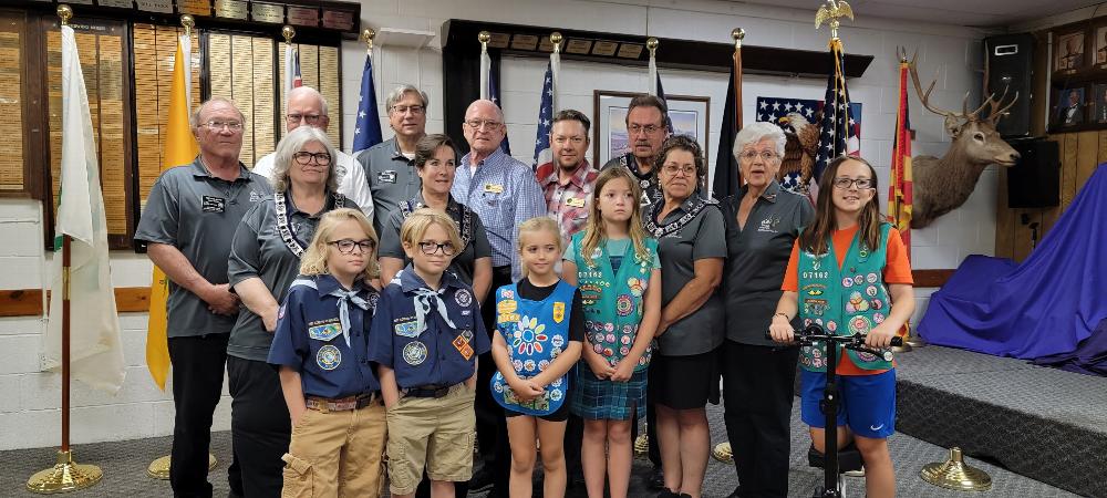 Bullhead City Elks Officers, City Dignitaries and Local boy and Girl Scout troops flag bearers. Pictured Left to Right; Back Row
Inner Guard Michael Ayers, District 2 City Manager Rich Letterman, ER Walt Honse, Mayor Pro Tem Dan Alfonso, Council member Jason Newlin, PER Mike Swain, Middle; Esteemed Lecturing Knight Robin Ayers, Esteemed Loyal Knight Diana Lestat. Front Row; Local Boy Scout Troop #147 and Girl Scout Troop #07162, Esteemed Leading Knight Debra Rozsi and PER Terri Frank.