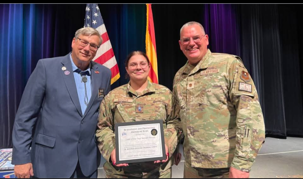 For Youth Week it was my great honor to present on behalf of all of us the first Elk BPOE medal to Air Force ROTC Junior Cadet of the Year to Corp Commander Nevaeh Bouse. Pictured from Left to Right Exalted Ruler Walt Honse, Junior ROTC Cadet Corp Commander Nevaeh Bouse and Air Force Major (Retired) program director Earl Davis
