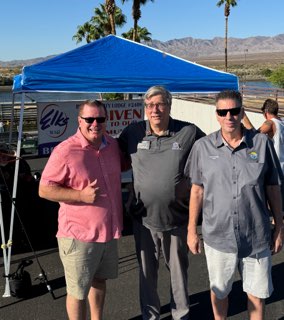 Pictured Left to Right -  Bullhead City Manager Toby Cotter, Bullhead City Elks Exalted Ruler Walt Honse and Bullhead City Mayor Steve D'Amico. The Mayor and City Manager stopped by and visited our fishing clinic!