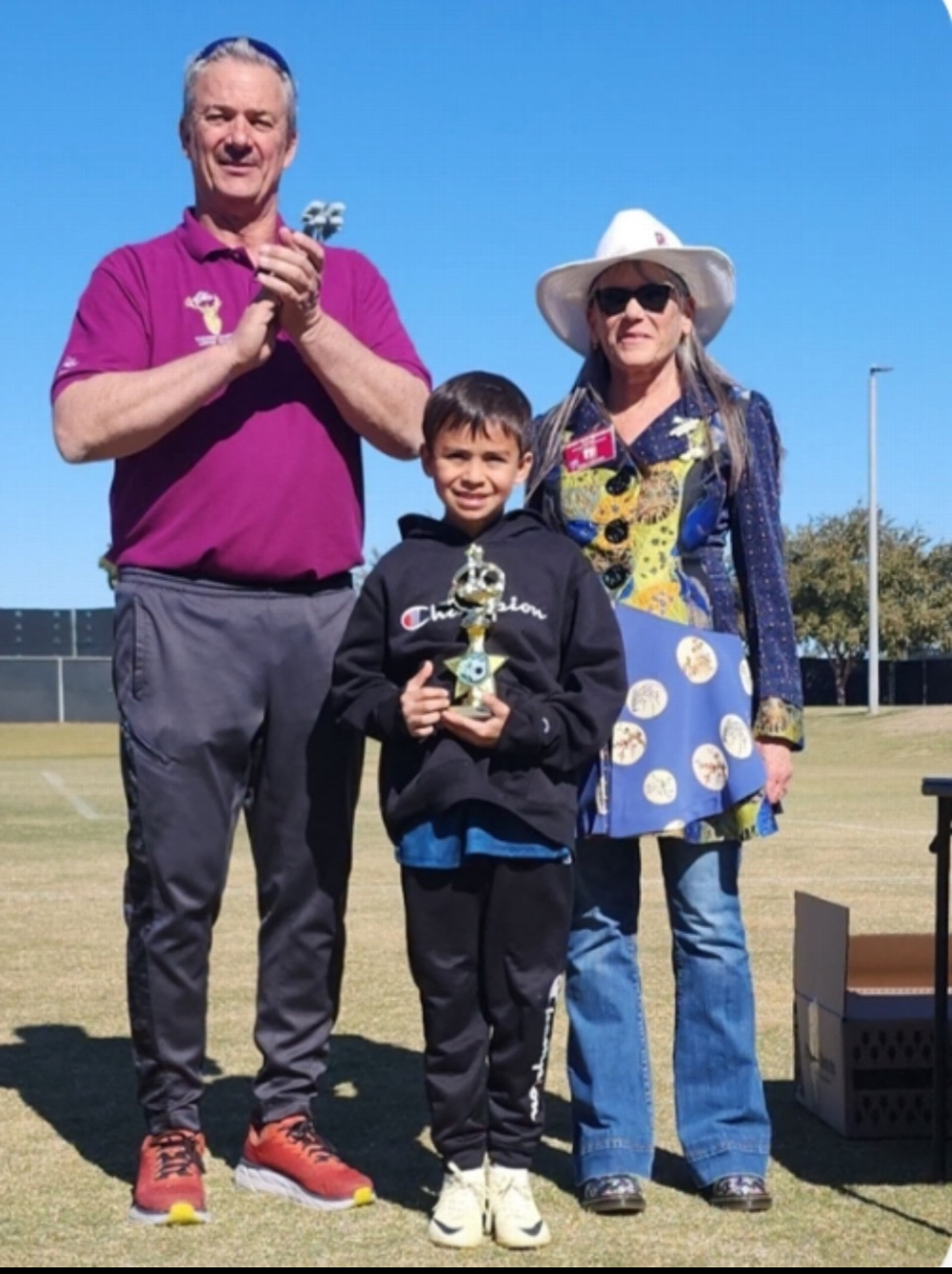 Soccer Shoot 2024! Pictured Left to Right - State Soccer Chairman  Bob Burns, Audrien Rodan ( 1st Place local Winner) and Arizona State Elks Association President Sue Krausman