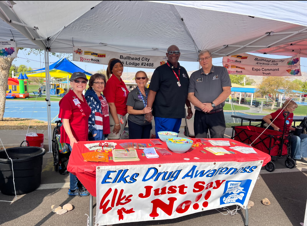 Bullhead City Elks #2408 working at our Drug Awareness booth. Pictured from Left to Right; Kathryn Cornelison, Elaine Garcia, Tina Johnson, Lodge Secretary Kathy Honse, Cortez Thomas and ER Walt Honse. Our booth had over 800 visitors at this very popular event where stickers, coloring books and ribbons along with information about information about smoking /vaping cessation and other substance use and where to access help was given out to those who wanted it.
