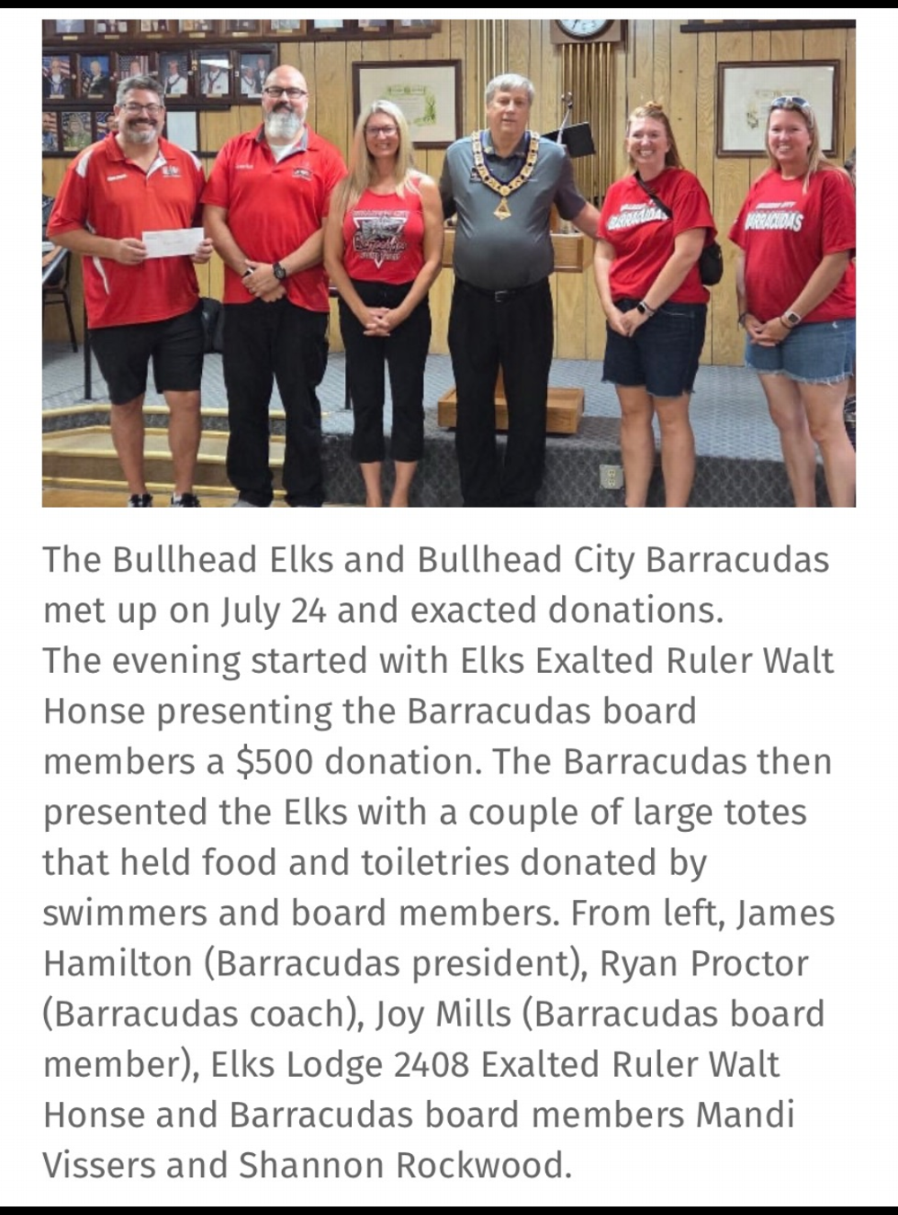 $500 donation to the Bullhead City Barracudas to help the swim team with travel expenses to the finals swim meet.