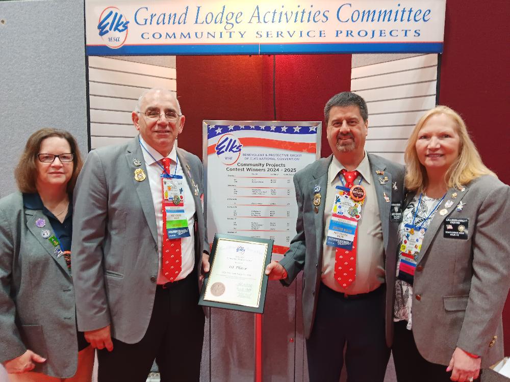 Islip NY Lodge 2533, received the 2025 Community Project contest, 1st place award  in the small Lodge division, at the Elk's National Convention in Kansas City 