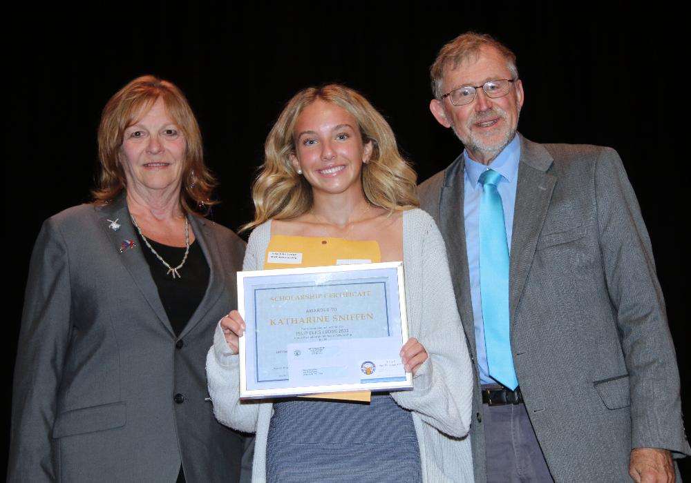 2025 Islip Elks Lodge Level -Jim Katchadourian Scholarship winner Kate S. from Lindenhurst High School with Cathy Doyle and John Tramposch