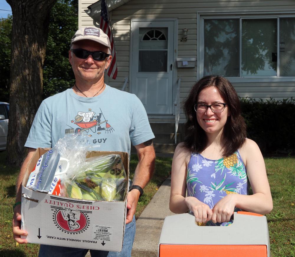 Islip Elk Jude Rich Jaci Narducci who volunteered her time making the first delivery for  4th of July Prime Rib dinners for the 4 Veterans Beacon houses in Islip and Bay Shore. The meals included Prime Rib, Lobster Bisque, Corn-on-the-cob, carrots and potatoes with Apple Pies for dessert. The Islip Elks spent over $800.00 for the meals partially funded by ENF Freedom Grant 