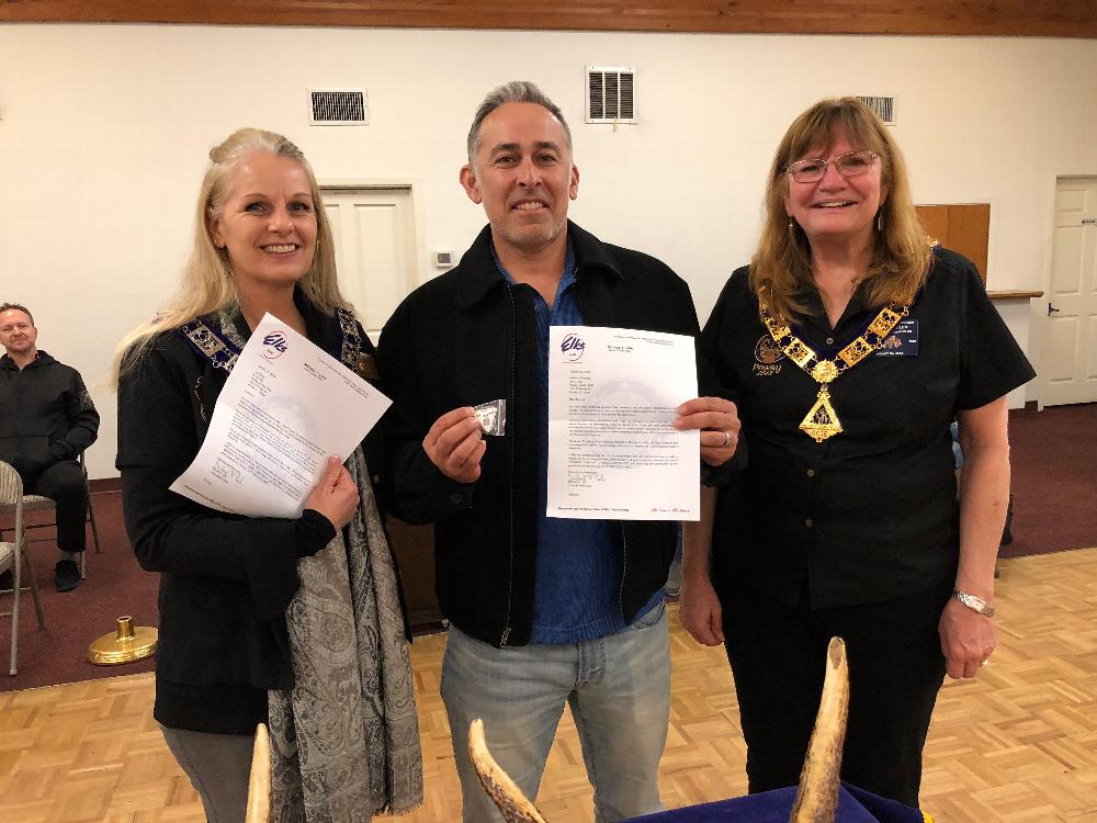 Lori Foley and Marcos Villalobos with Janet Rasmussen, PDDGER ER receiving the Grand Exalted Ruler Award and Pin for promoting increased Membership 2018 - 2019.  Congratulations!